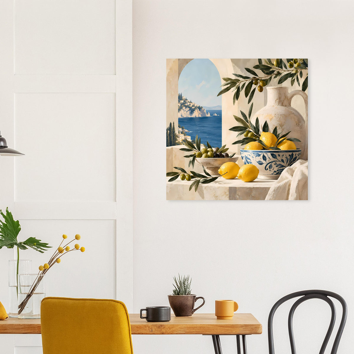 Wandposter mit mediterranem Motiv: Zitronen, Olivenzweige, Krug und blau gemusterte Schüssel