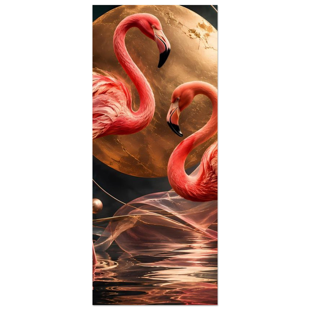 Kunstposter Ausschnitt: zwei rosafarbene Flamingos und goldene Mondkugel, unten Wasserreflex