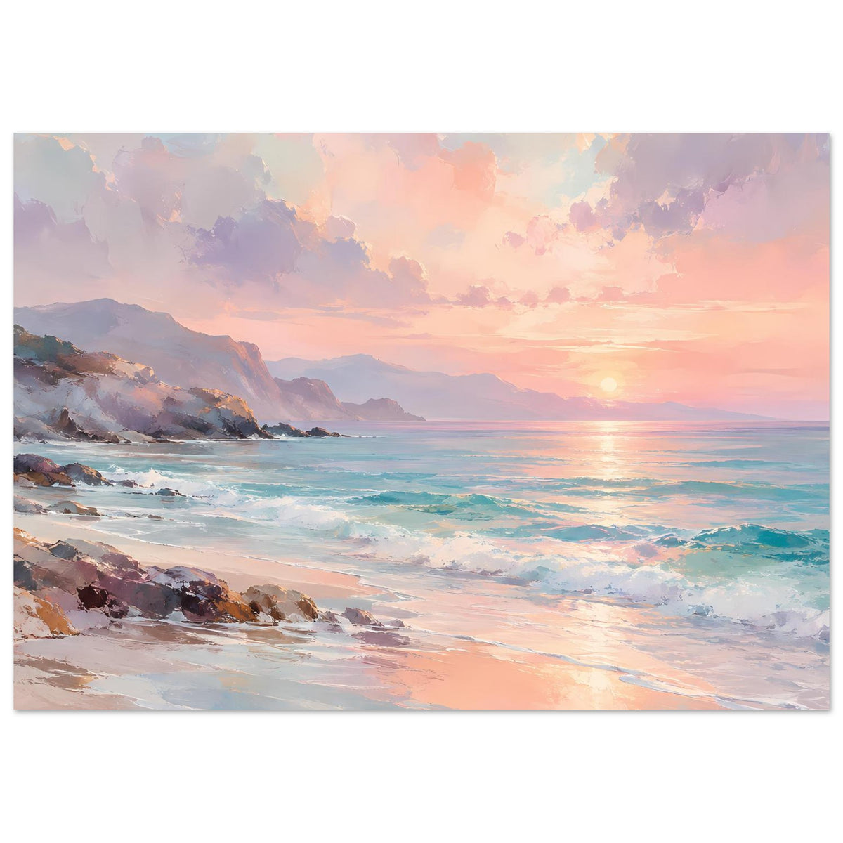 Poster mit Meeresspiegel, Uferfelsen und Sonnenuntergang, horizontale Darstellung