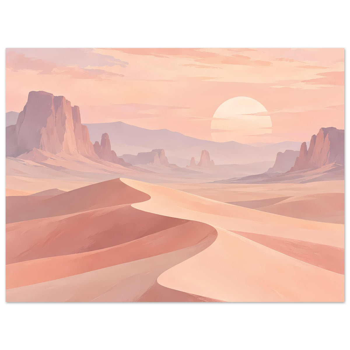 Horizontales Wandposter mit gebogenen Dünenlinien, Bergzügen und hellem Halbsonnenkreis