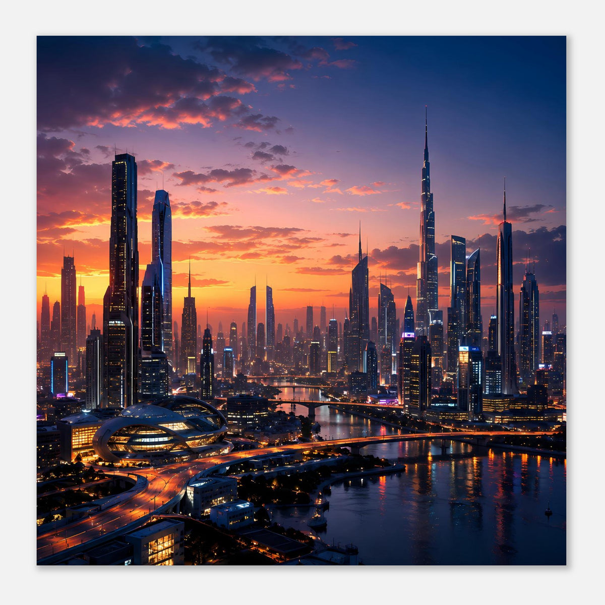 Skyline-Sonnenuntergangs-Poster mit beleuchteten Türmen und Fluss bei Nacht