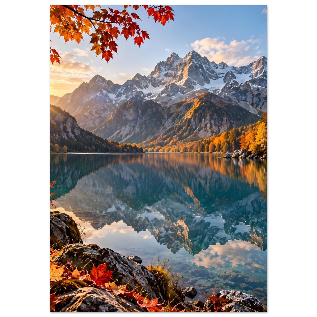 Herbstliches Landschaftsposter (hochkant): Berge, Waldhang und Bergsee mit Spiegelung