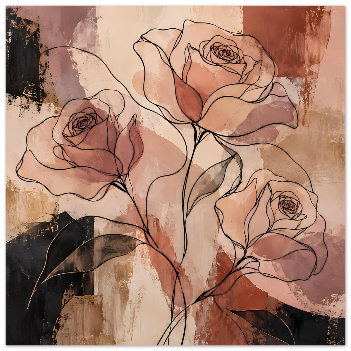 Poster mit abstrakten Rosen als Linienkunst, detailreiche Blütenzeichnung
