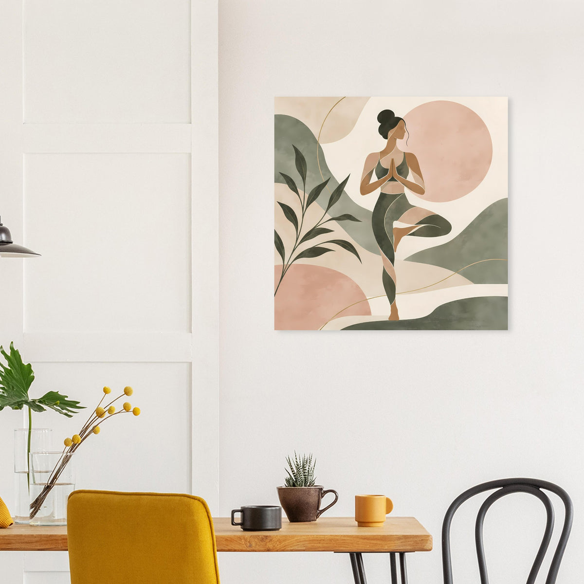 Abstraktes Yoga-Poster mit meditierender Figur in Salbeigrün und Rosé