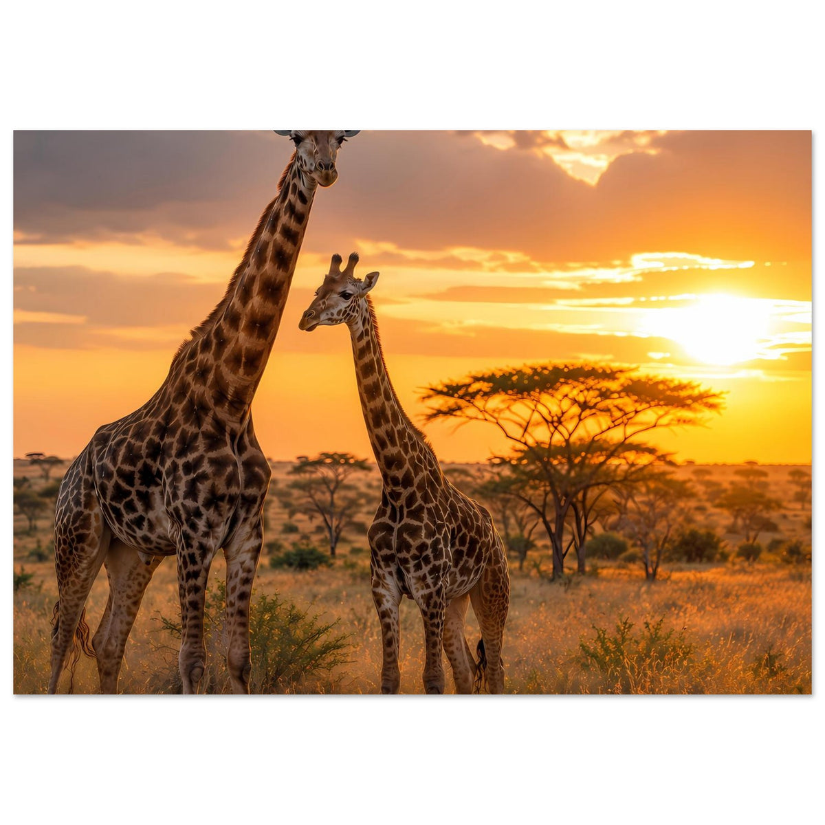 Poster mit Giraffen vor orangefarbenem Himmel, eine Giraffe ragt besonders hoch