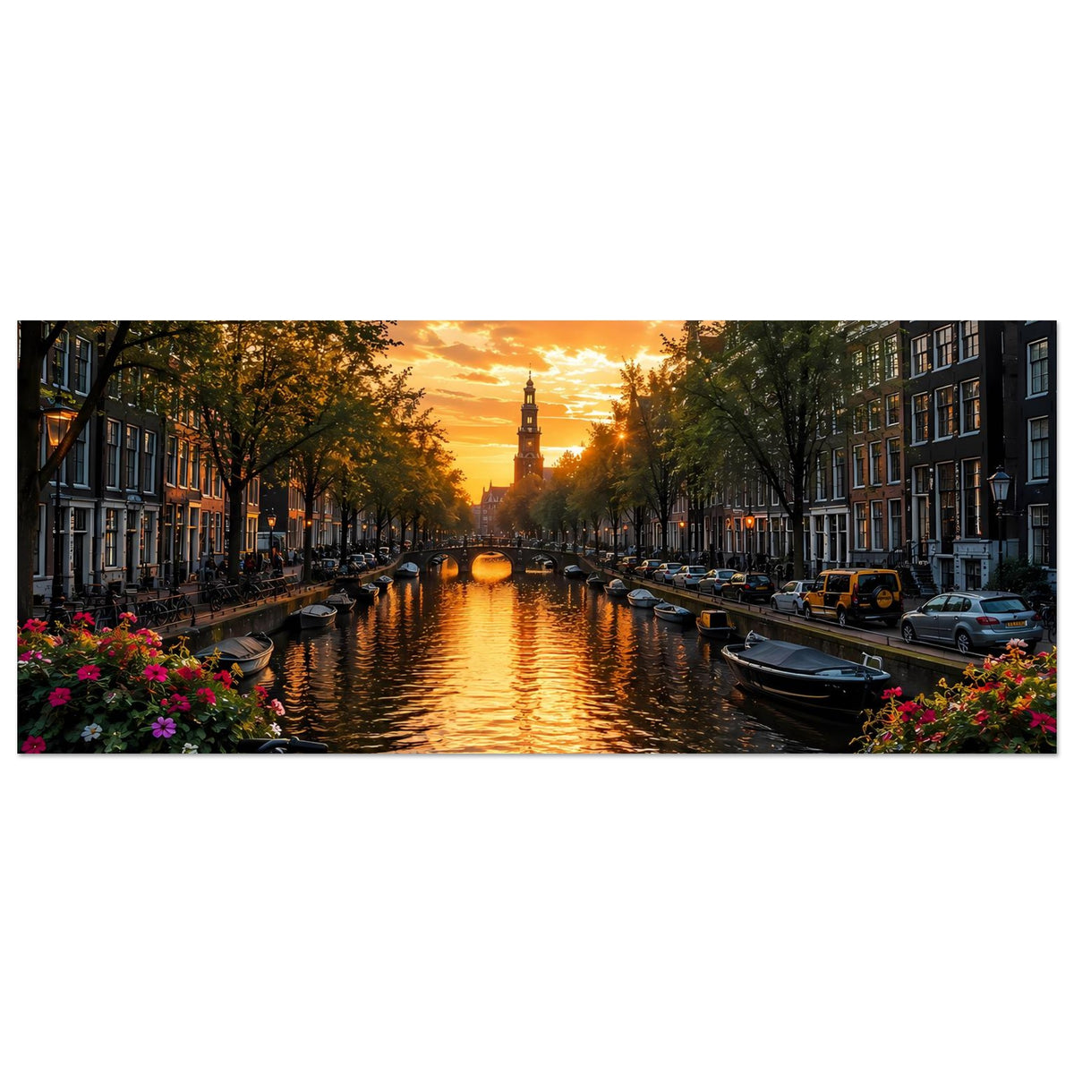 Poster Sonnenuntergang am Kanal mit Booten, Häusern und üppigen Blumen (quer)