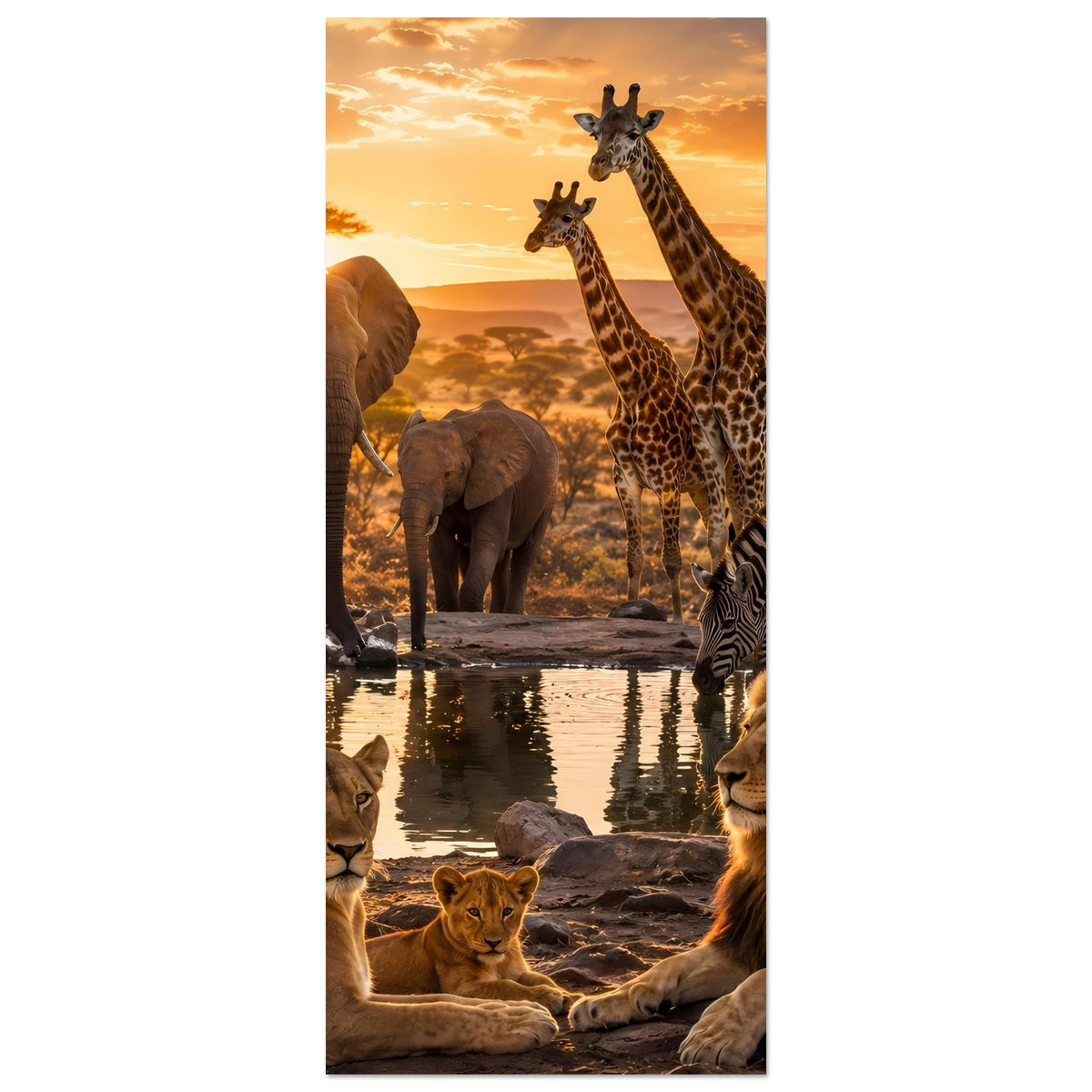 Vertikales Poster mit afrikanischen Wildtieren: Löwen, Elefanten, Giraffen und Zebras.