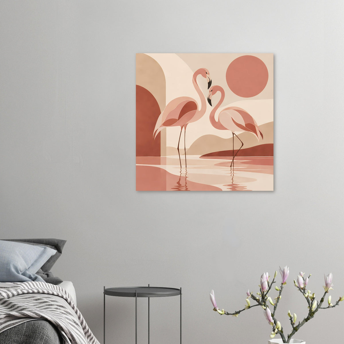 Kleines Naturposter: zwei Flamingos, rosafarbene Formen und Reflexion im Wasser