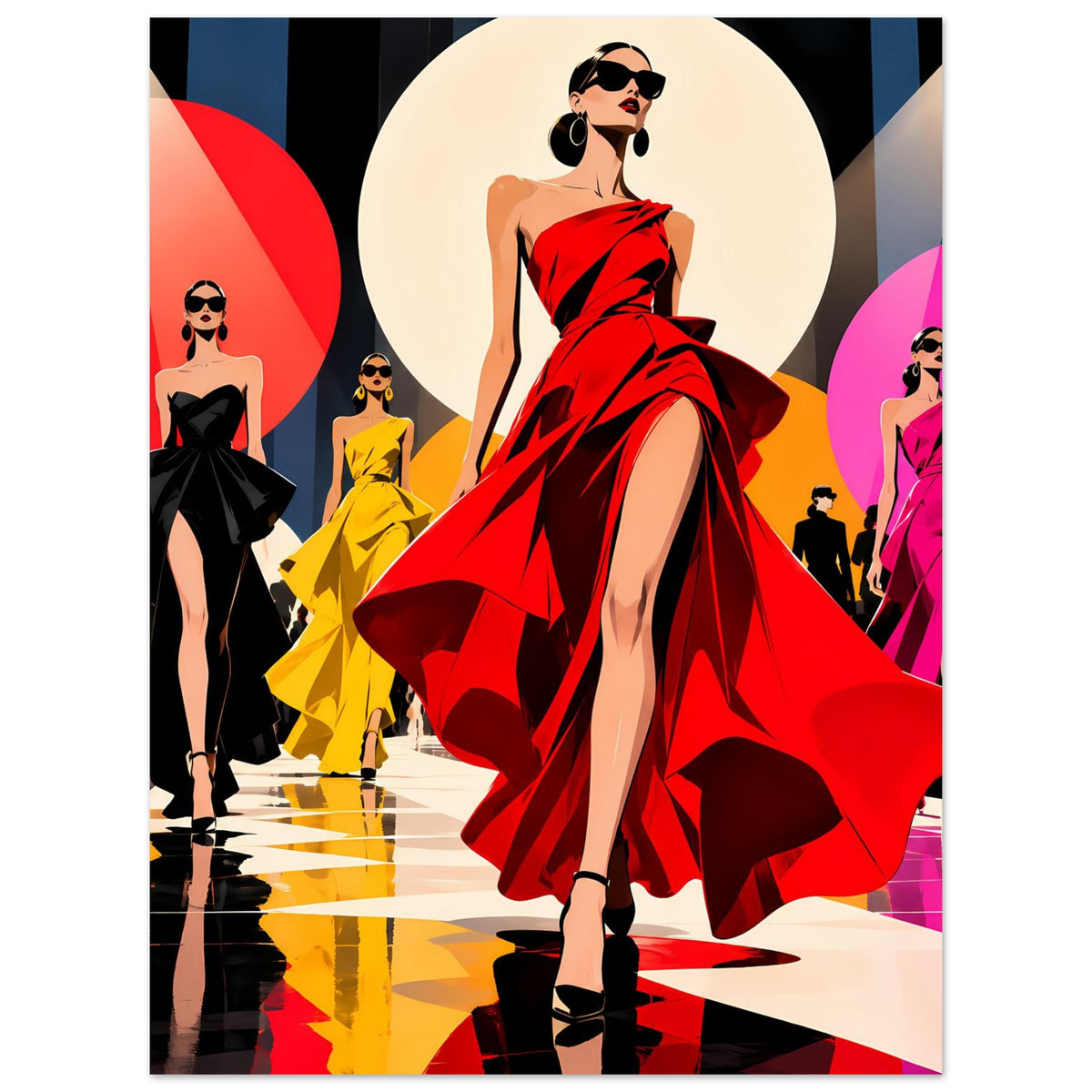 Fashion-Poster im Hochformat: Frau in rotem, drapiertem Kleid vor Pop-Art-Silhouetten