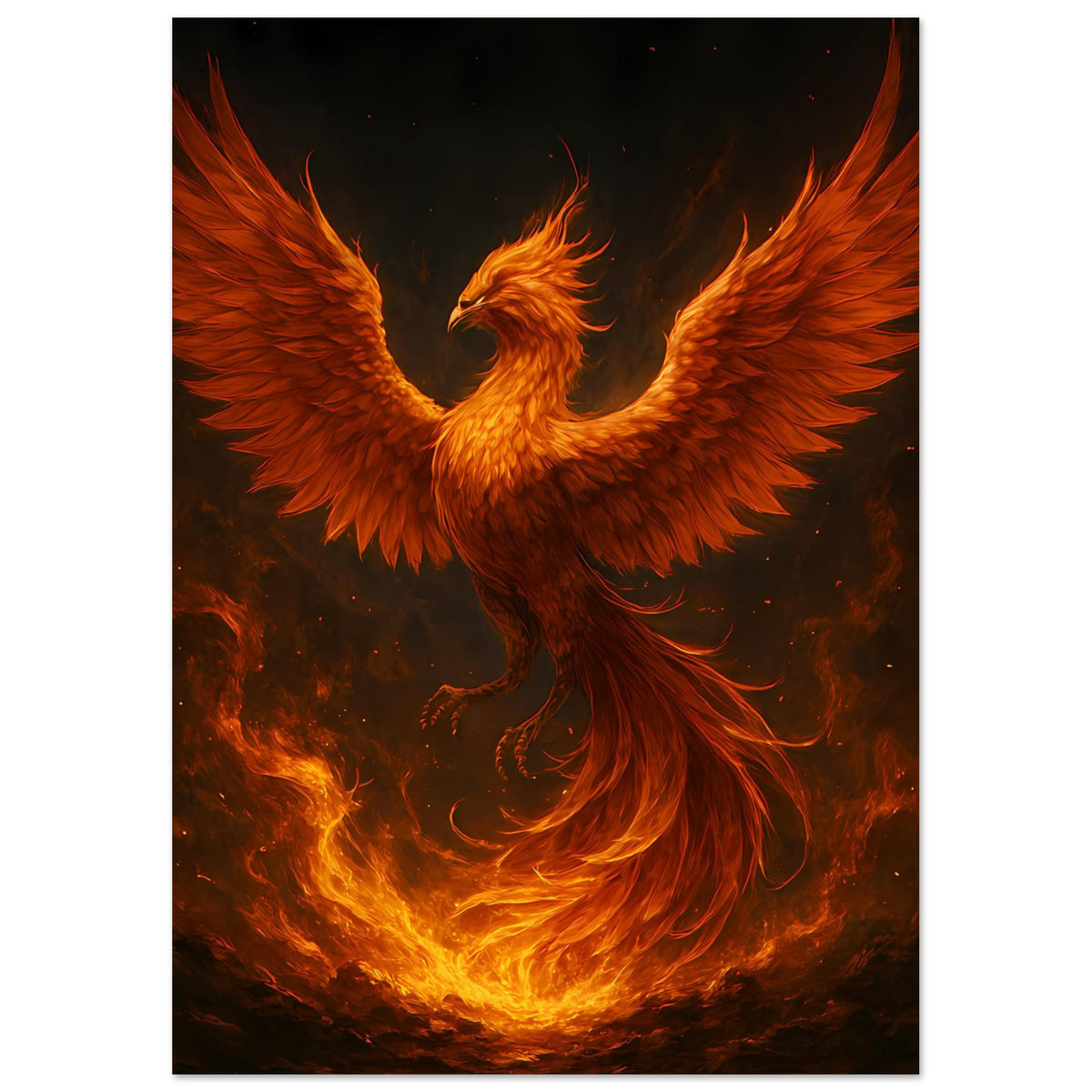 Poster mit aufsteigendem Phönix, gold-orange Flügelspannungen und feurigen Funken