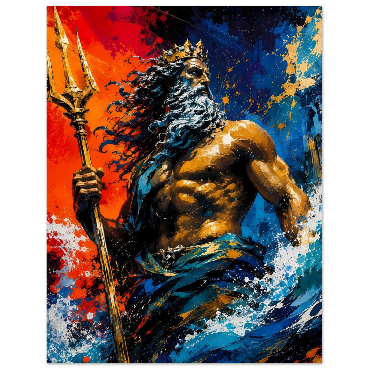 Hochformat-Poster mit Poseidon-ähnlicher Figur: Dreizack, wallender Bart, starke Rot- und Blautöne