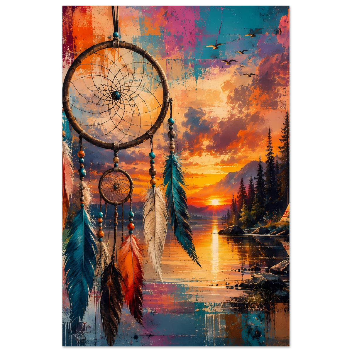 Boho-Poster mit großem Traumfänger und bunten Federn vor Sonnenuntergang und Seeufer