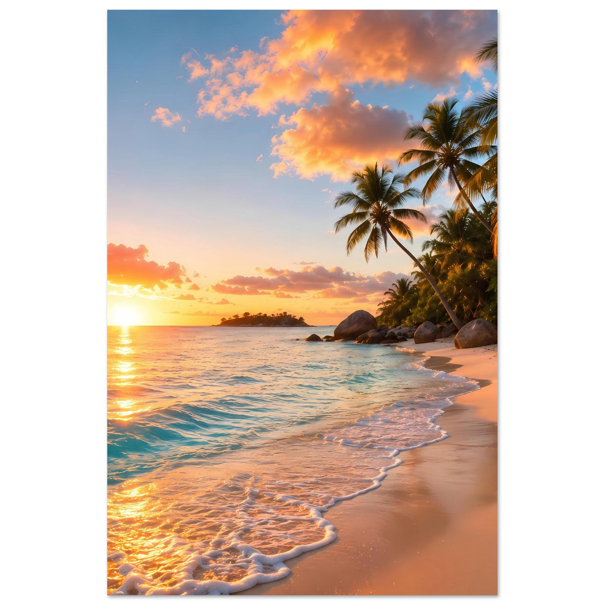 Vertikales Poster mit Sonnenuntergang am Strand, Palmen rechts und Wellenlinie im Vordergrund