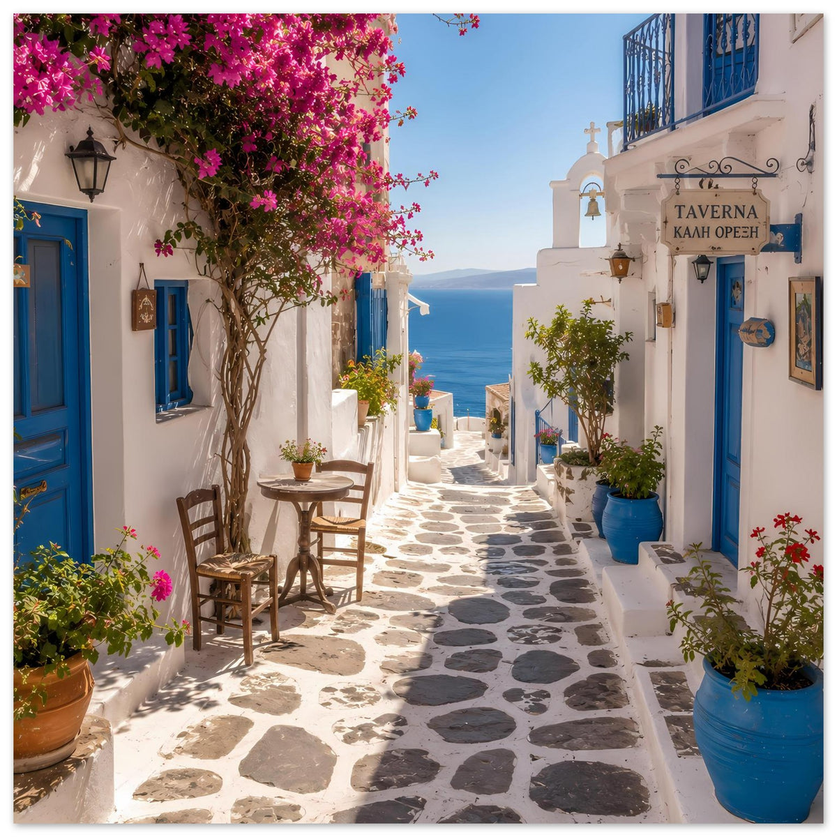 Mediterranes Poster: Blick durch die Gasse mit weißen Wänden, blauen Türen und pinken Bougainvillea-Blüten