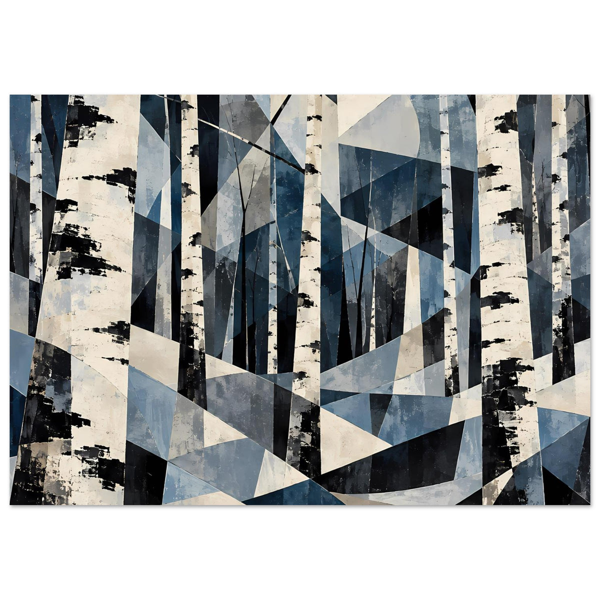 Abstraktes Naturposter im Querformat: grafischer Birkenwald, Blautöne und helle Flächen