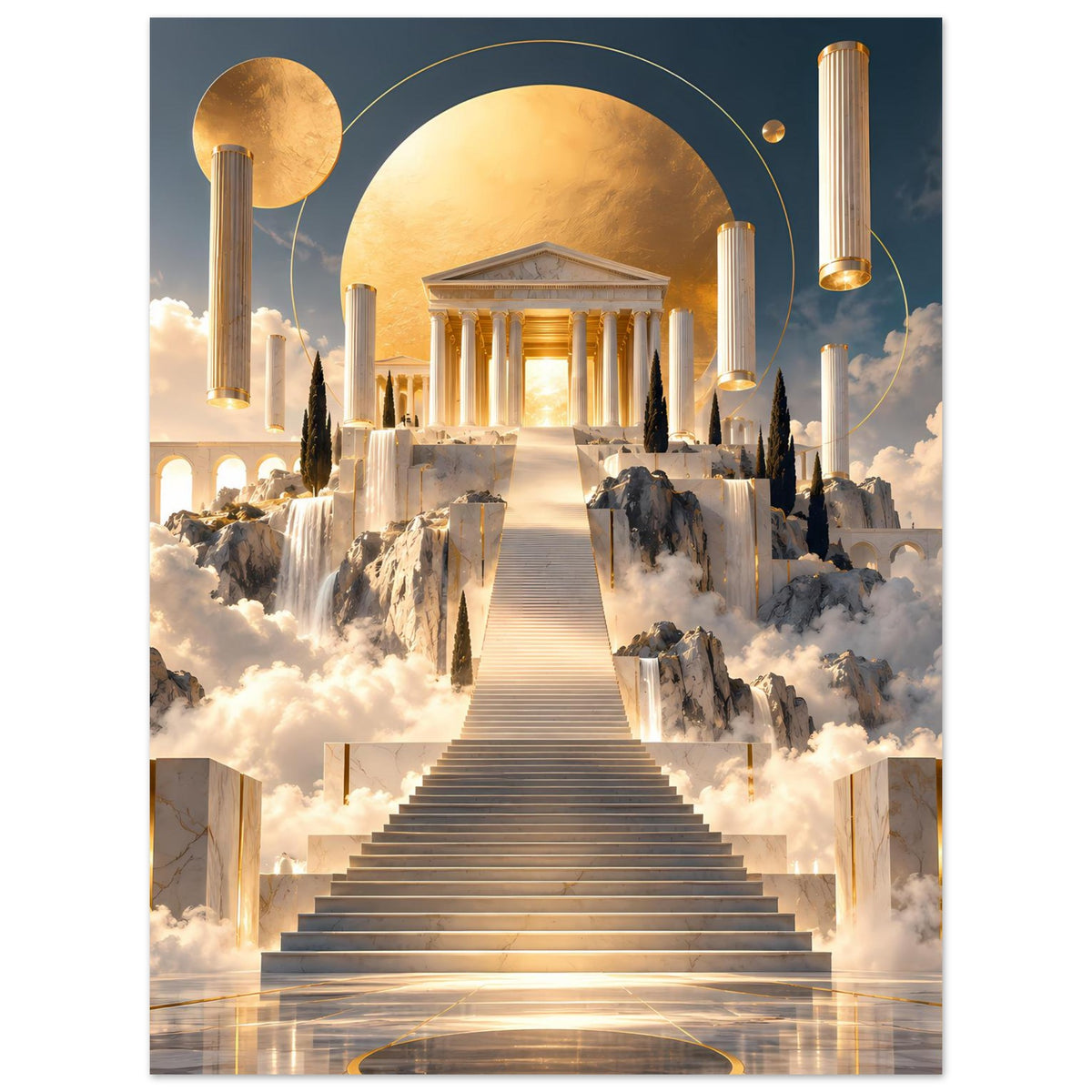 Kunstposter mit goldener Säulenanlage, Treppe und Gewölbe über Wolken