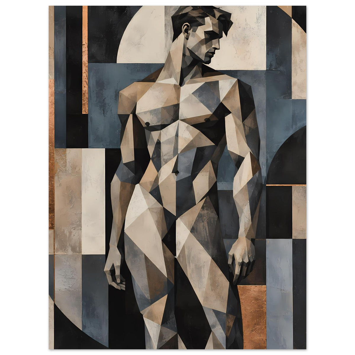 Kunstposter mit geometrischer Aktfigur, Beigetöne und Blau-Grau, warmes Braun als Akzent