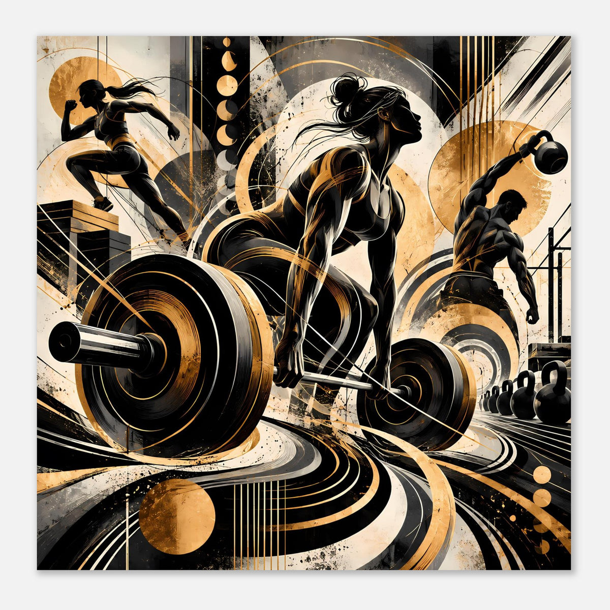 Fitness-Actionposter, quadratisches Motiv mit Hantelstangen und Silhouetten in Gold und Schwarz