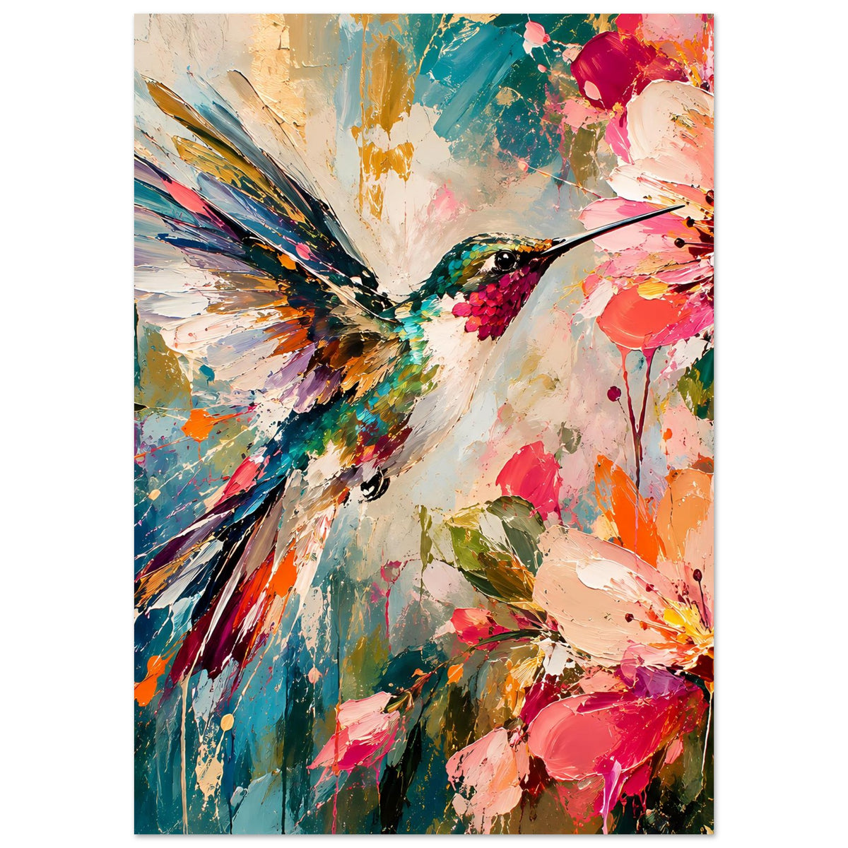 Kunstdruck-Poster im Hochformat mit Kolibri, Blüten und abstraktem Farbverlauf