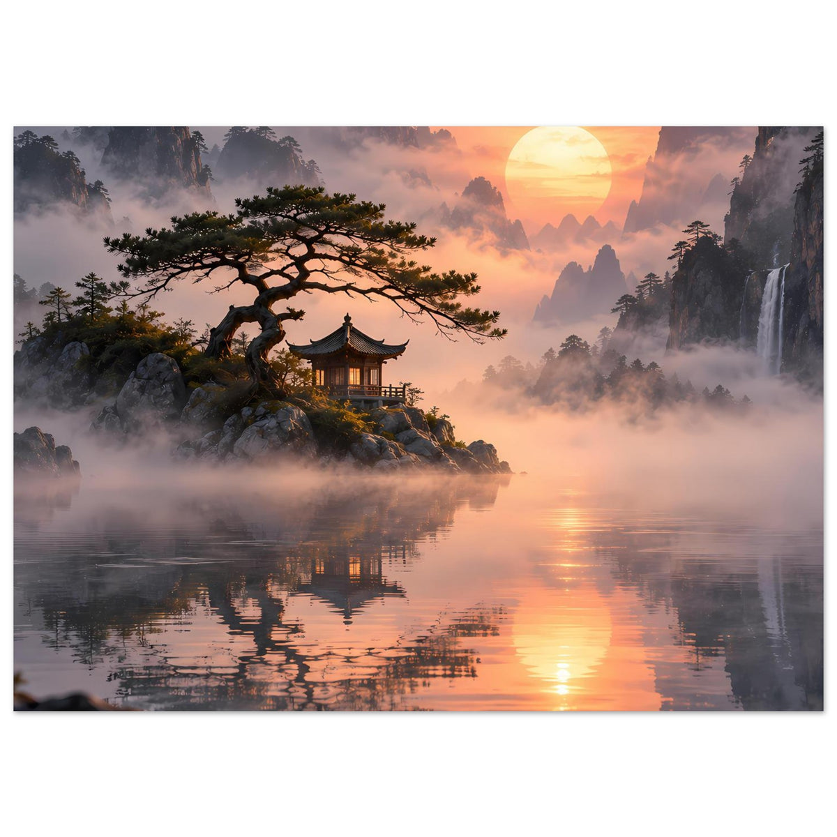 Poster: See bei Sonnenuntergang mit Nebel, Pagode, ausgebreiteter Baum und Berge im Hintergrund