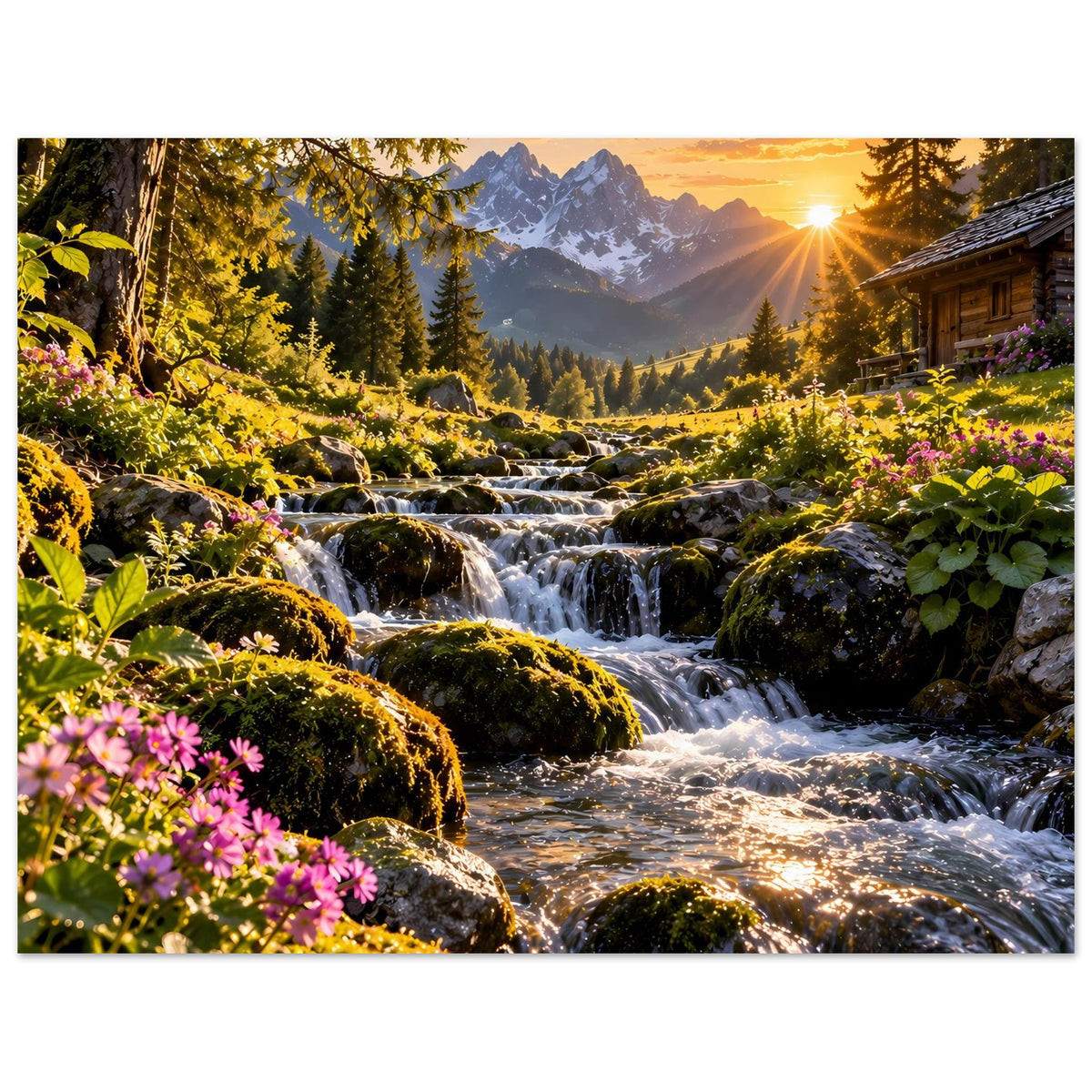 Poster mit Bergbach, Tannen und Alpenmassiv, Sonnenstrahlen über dem Tal