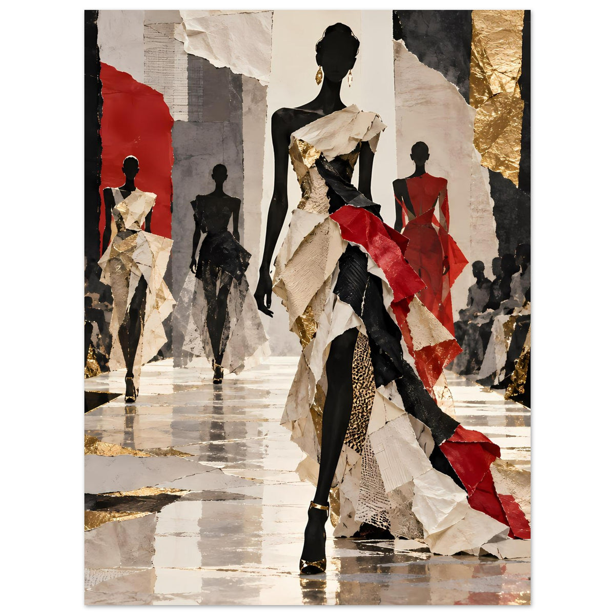 Modischer Laufsteg-Poster mit abstrakten Figuren in Schwarz, Rot und Gold