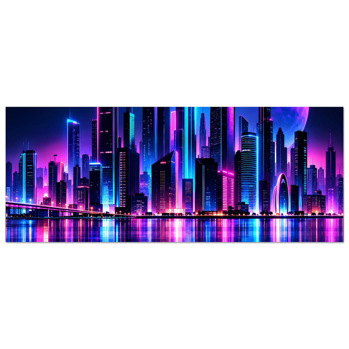 Horizontales Neon-Stadtposter mit Skyline und farbiger Spiegelung, großer blauer Mond im Hintergrund