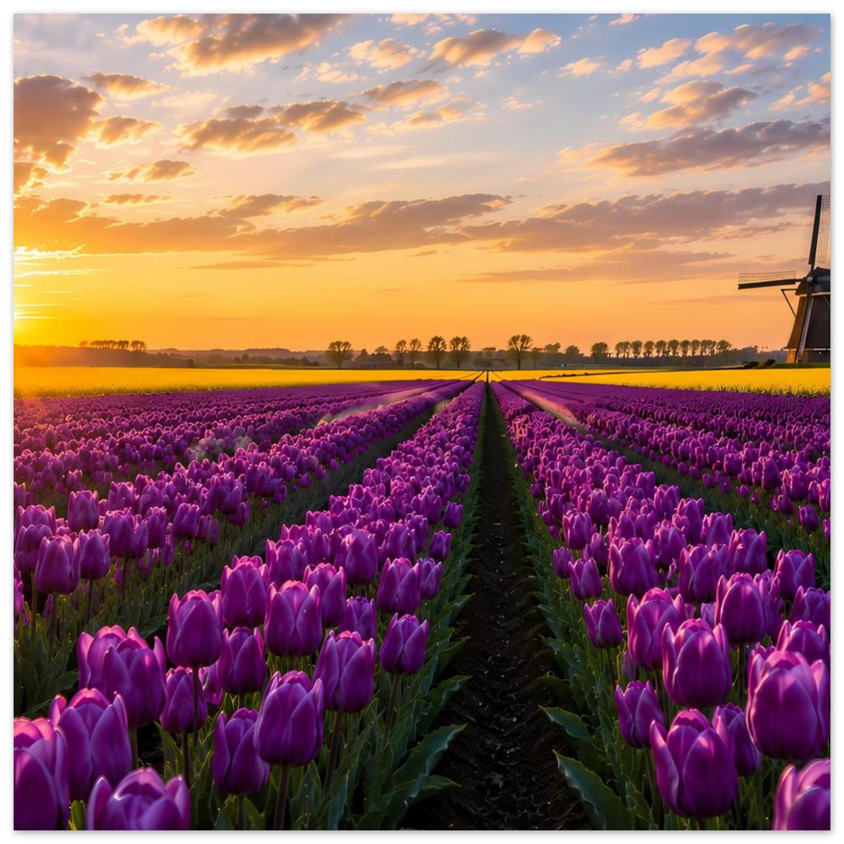 Poster im Querformat mit lila Tulpenfeld, Sonnenuntergang und Windmühle rechts im Bild