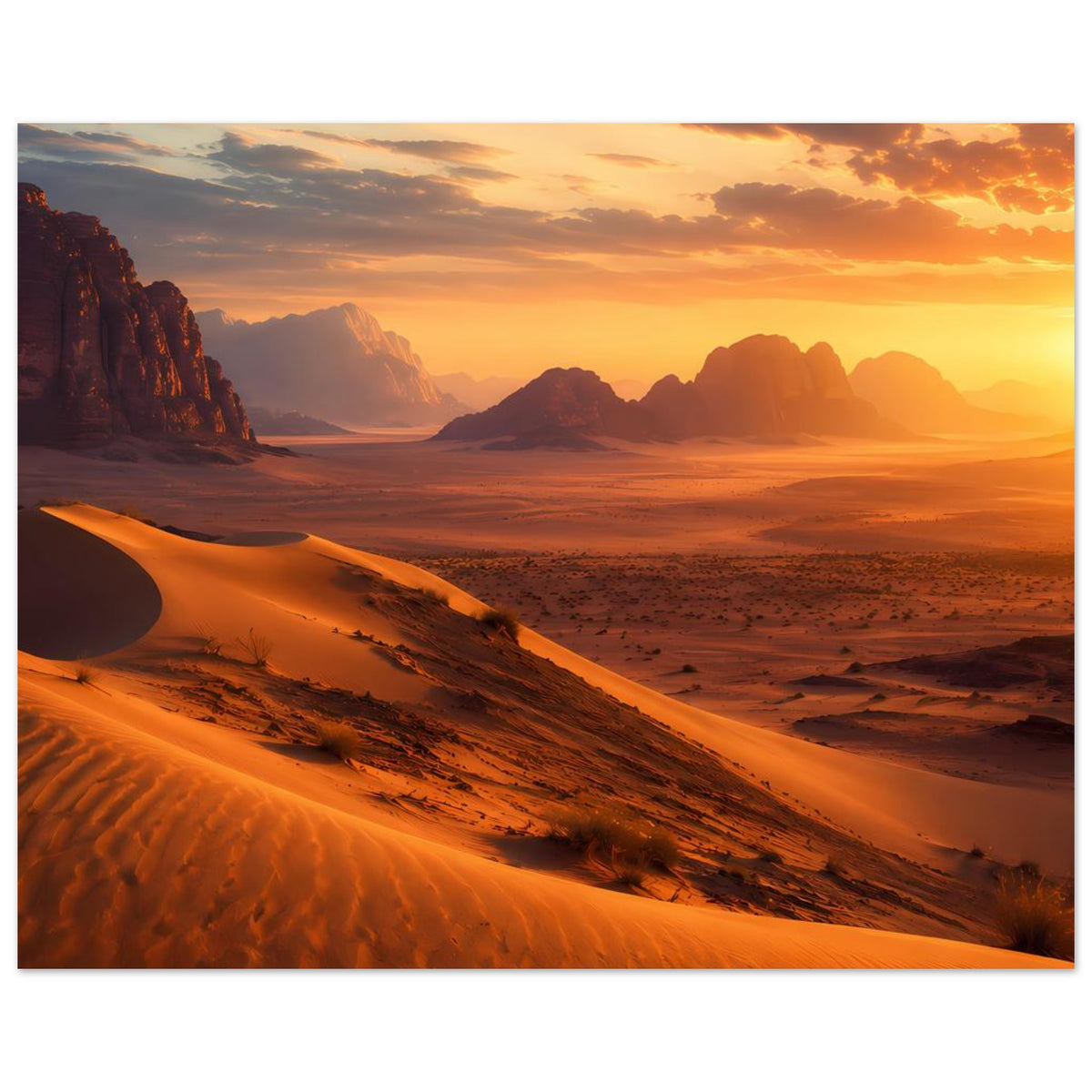 Breitformat-Poster: sandige Dünen und Felsmassive im Sonnenuntergang, warme Orangefarben