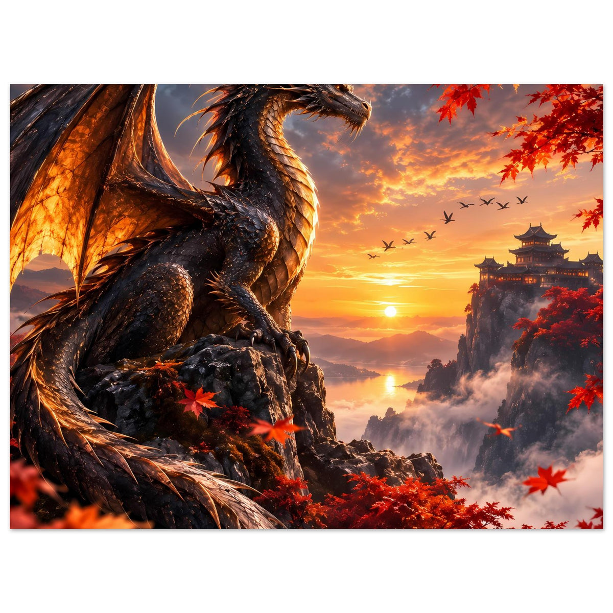 Horizontales Drachenposter: schwarzer Drache auf Felsen, rote Blätter, Tempelturm im Abendrot