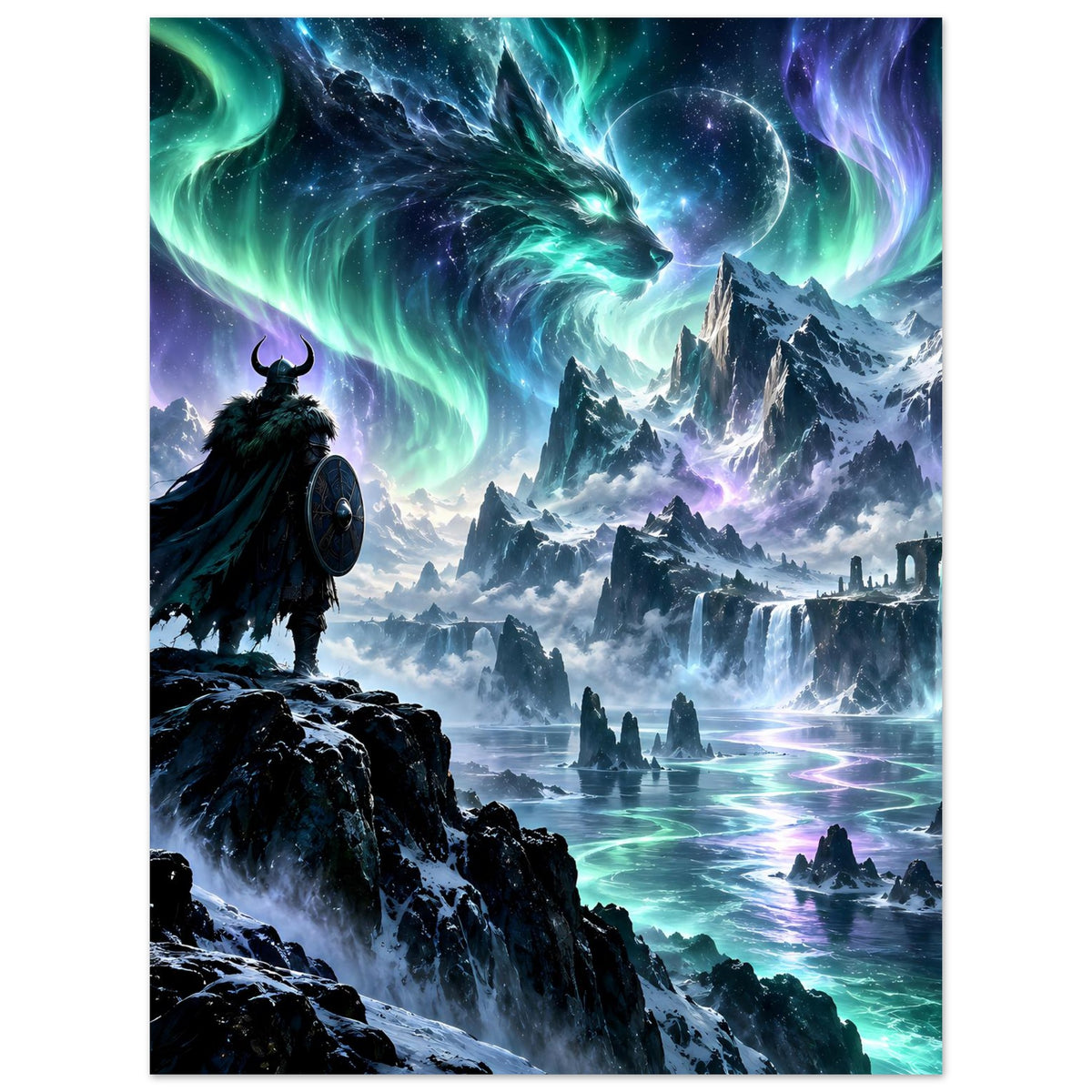 Fantasy-Poster mit Nordkrieger im Umhang und Drachenkopf über winterlicher Eislandschaft