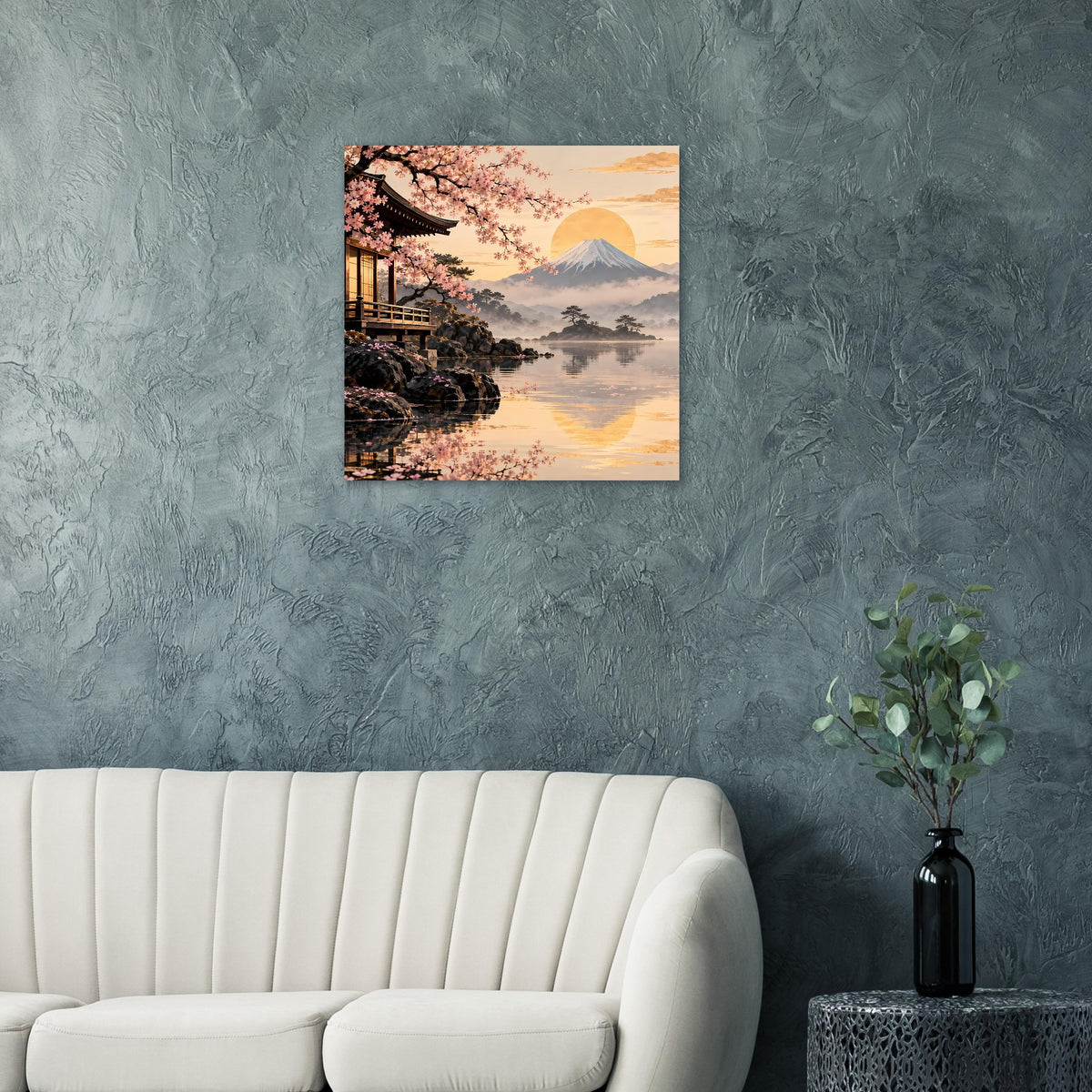 Gerahmtes quadratisches Poster mit Kirschblüten, Tempel und Berg Fuji bei Sonnenuntergang