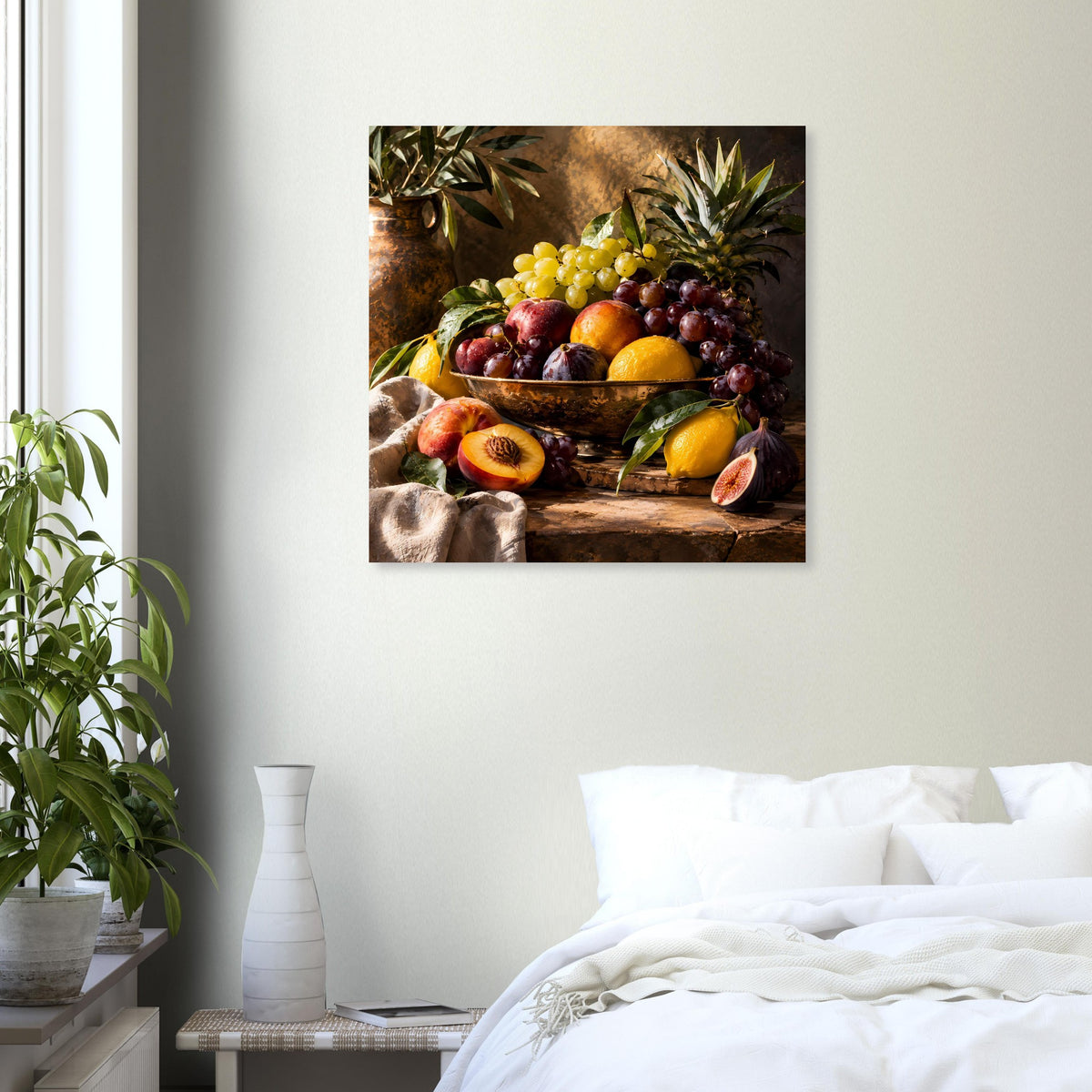 Wandbild-Poster im Rahmen mit Obstkorb, Weintrauben und tropischen Blättern