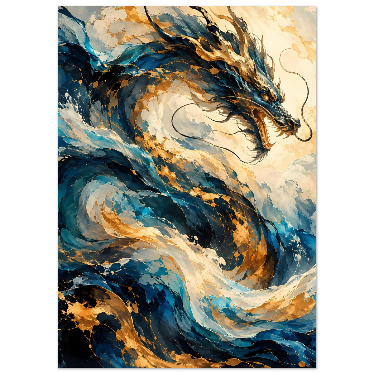 Fantasy-Poster mit blau-goldenem Drachen und feurigen Akzenten, fließende Bewegungsoptik