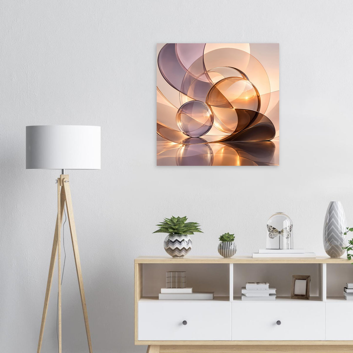 Quadratisches Poster mit abstrakten Glas-Kugeln in warmen Braun-, Gold- und Lilatönen