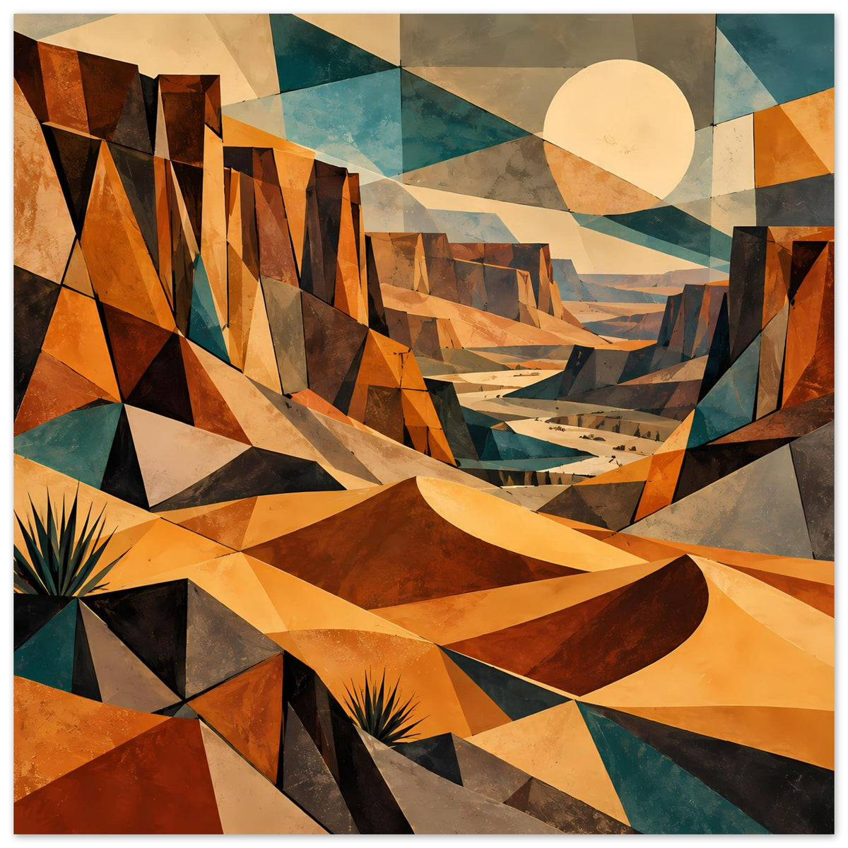 Wüstenlandschafts-Poster mit geometrischer Dünenlandschaft in warmen Erdtönen