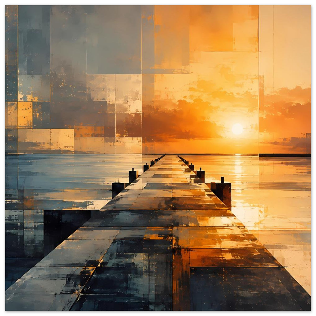 Abstraktes Pier-Wandposter mit Sonnenuntergang über Wasser und symmetrischem Steg