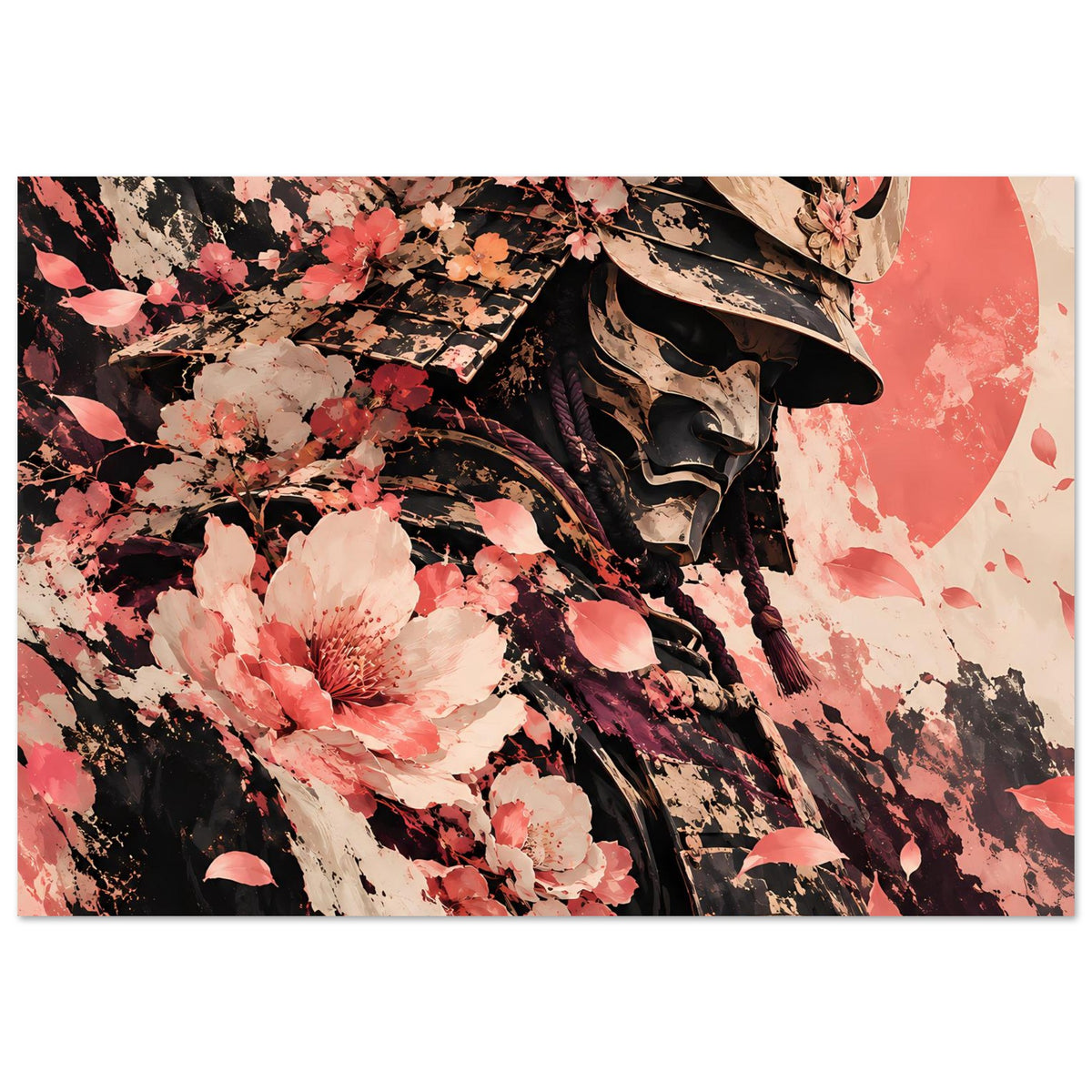 Poster im Querformat mit Samuraihelm, Kirschblüten und floralen Sprenkel-Elementen