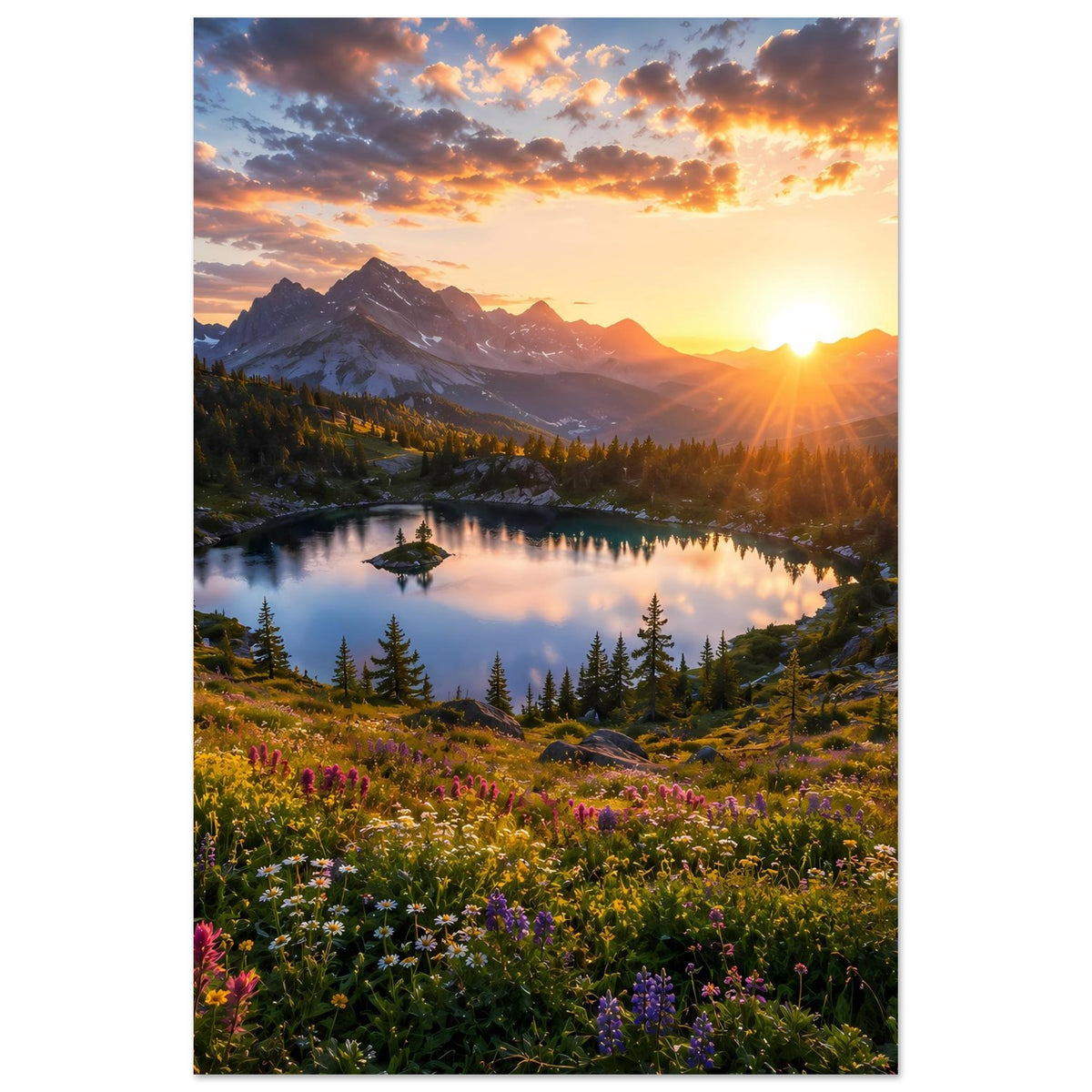 Vertikales Poster mit Sonnenuntergang über Bergen, Waldhang und spiegelndem See
