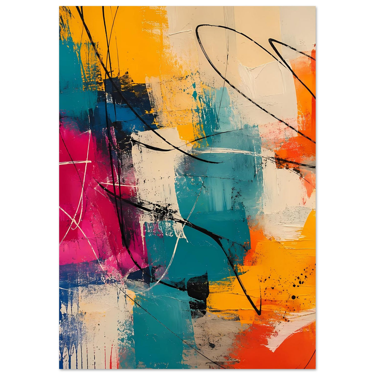 Abstraktes Kunstposter (Hochformat) mit abstrakten Pinselstrichen in Blau, Gelb, Rot und Schwarz