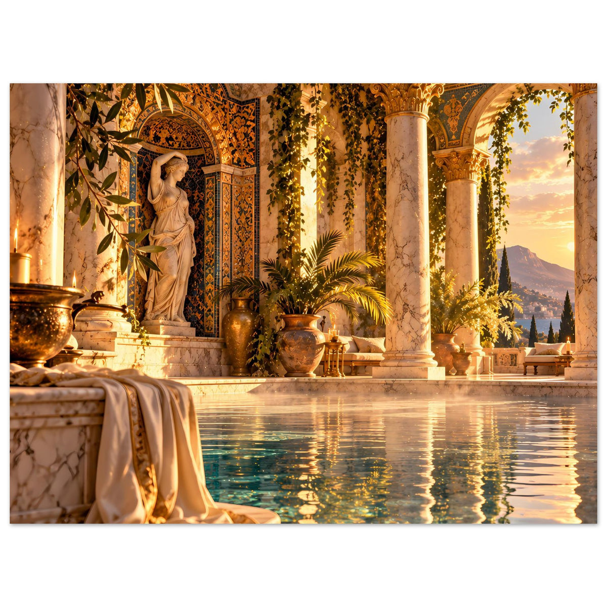 Wandposter mit Pool und Säulenhalle, steinerner Figur in Nische und floralen Girlanden
