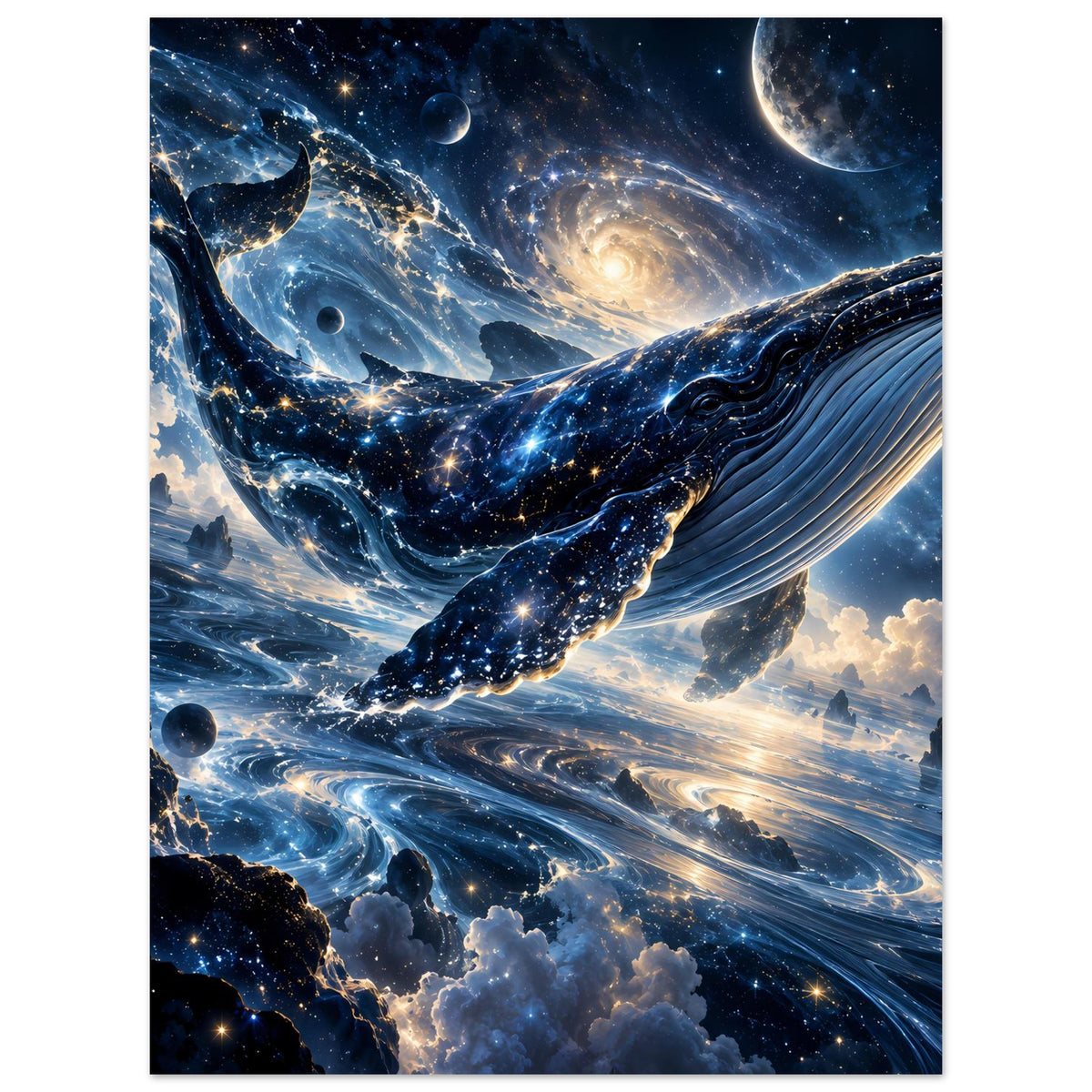 Fantasy-Poster: galaktischer Wal im Sternenmeer, leuchtende Blautöne, Monde und Sterne.
