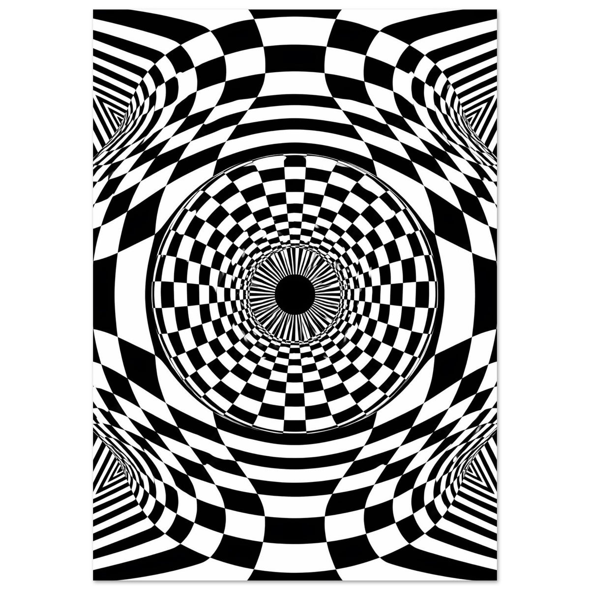 Quadratisches Schwarz-Weiß-Poster mit Schachbrett-Tunnelmotiv im Zentrum