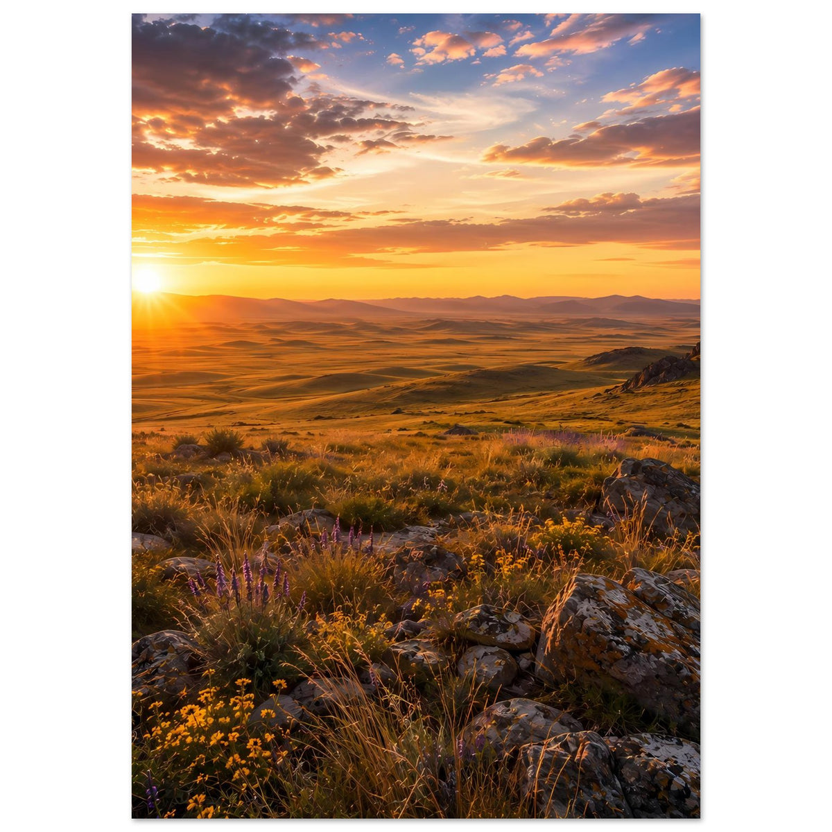 Hochformatiges Poster mit Sonnenaufgang, orangefarbenem Himmel, weiten Ebenen, Gras und Steinen