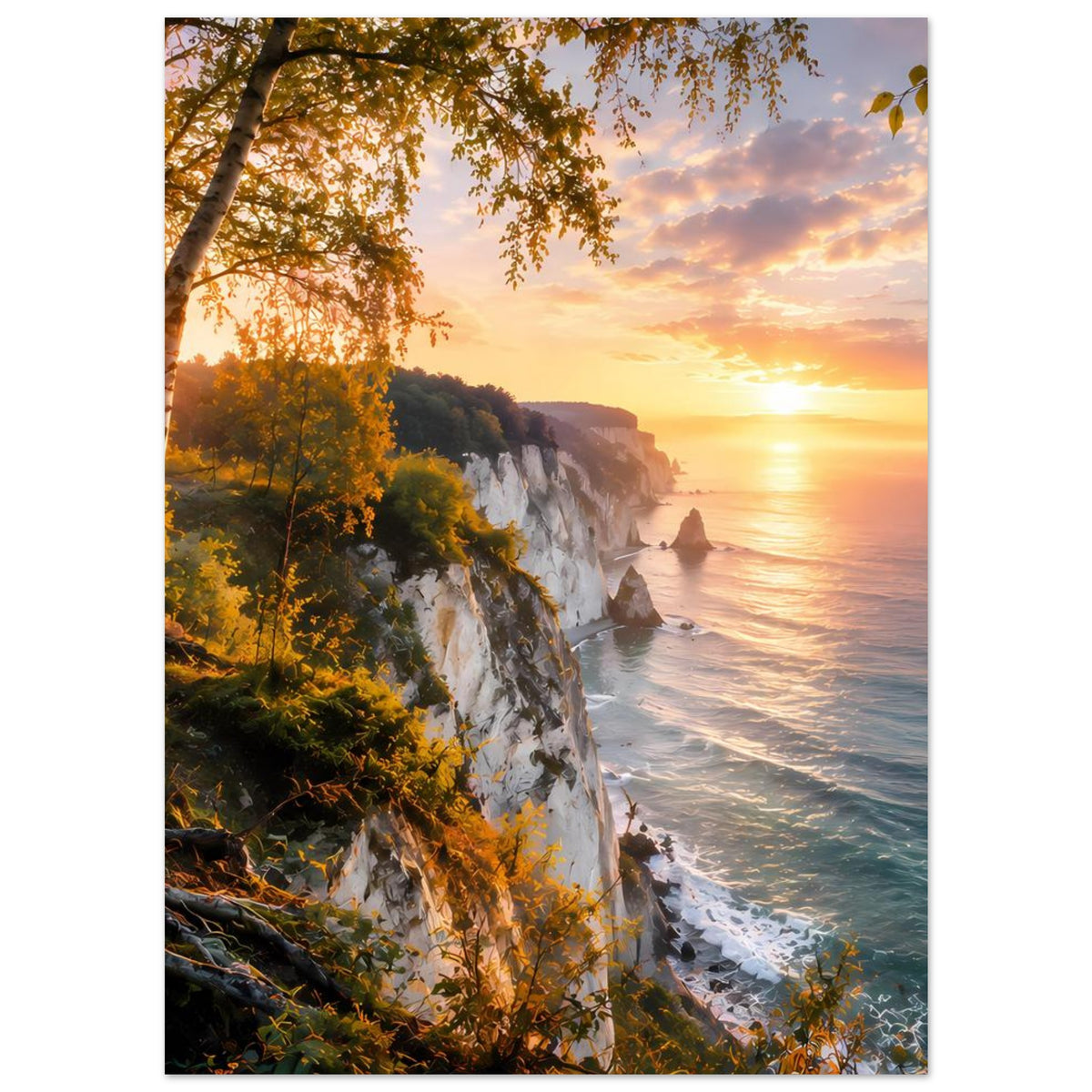 Poster mit Küstenklippen bei Sonnenuntergang, Meer, Wellen und Baumkronen