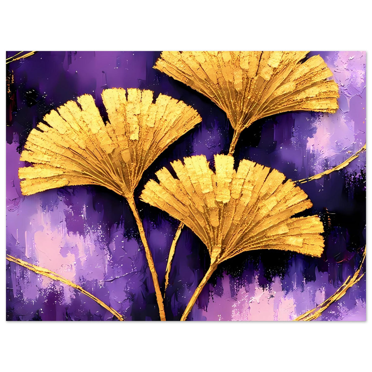 Poster mit goldenen Ginkgo-Zweigen und Blättern auf violettem, abstraktem Hintergrund