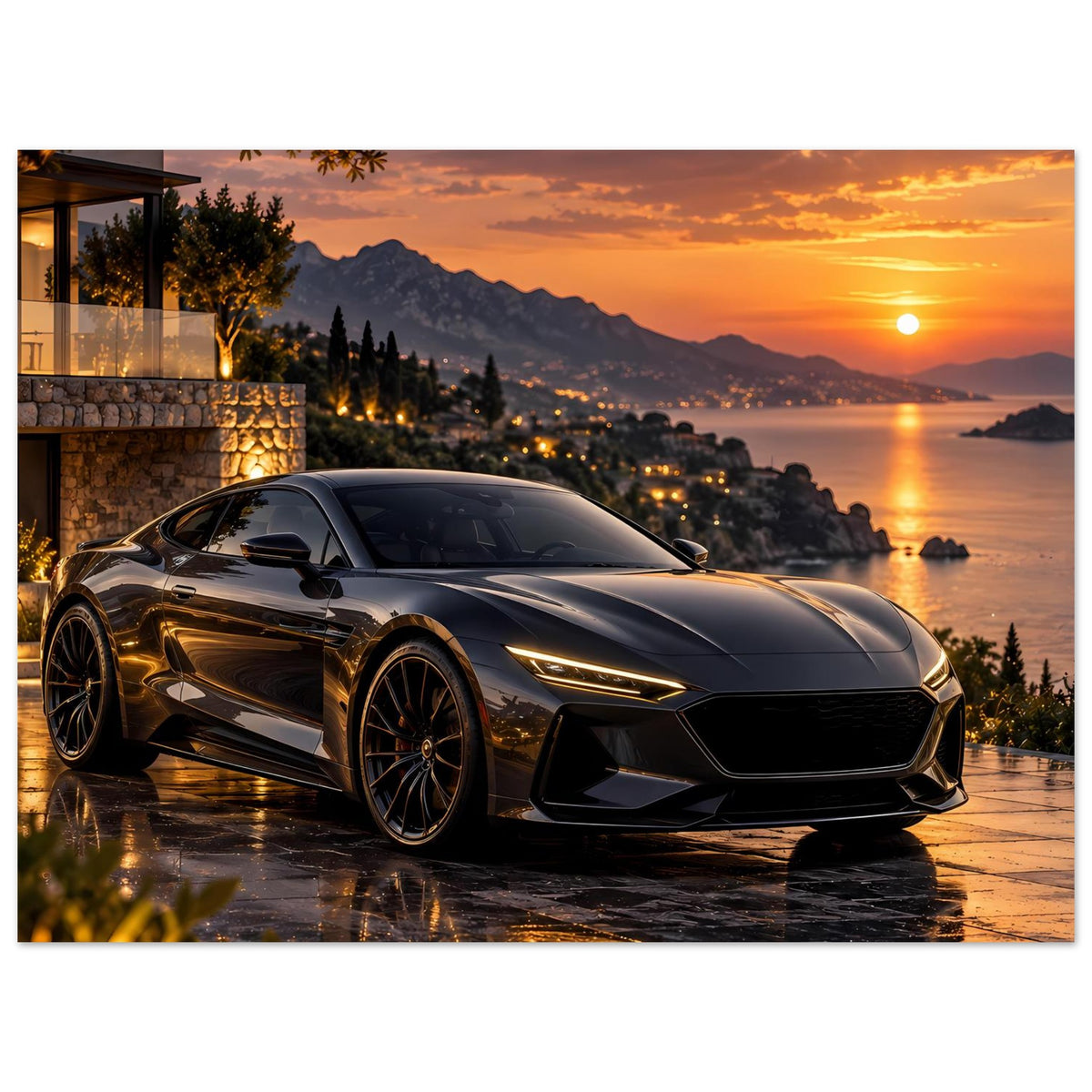 Poster mit Sportwagen bei Sonnenuntergang, zentrierte Frontansicht, schwarze Karosserie mit goldenen Linien