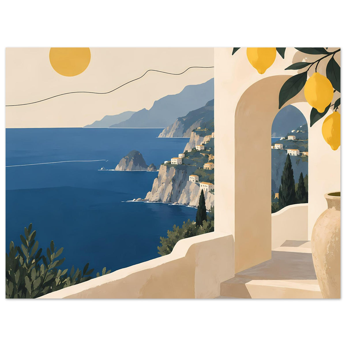 Mediterranes Landschaftsposter mit Küstenpanorama, Balkonbogen und Zitronenblättern