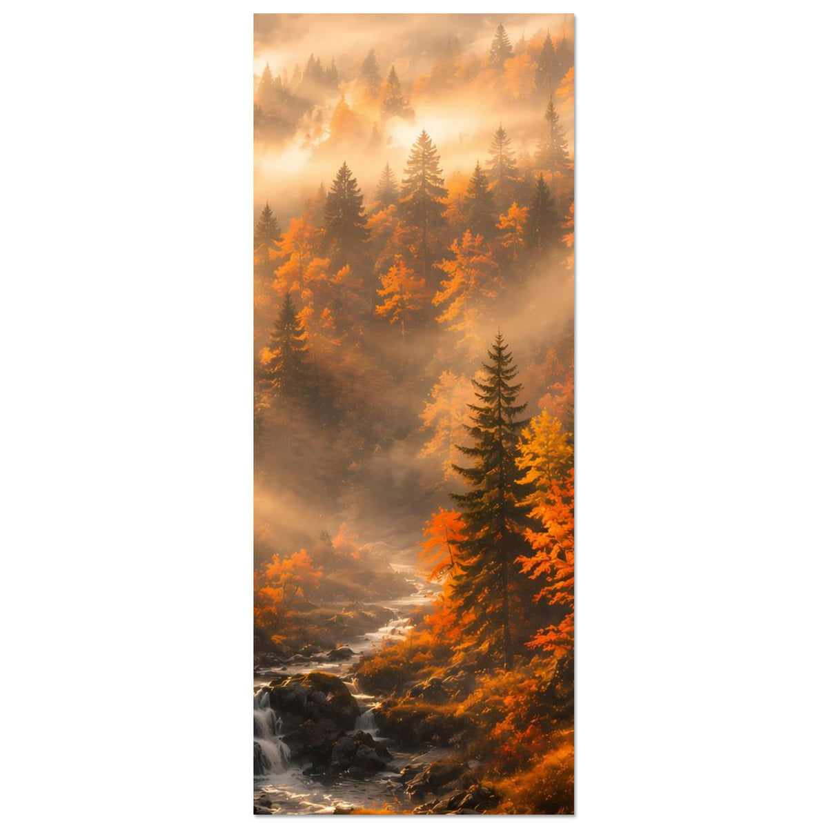 Herbstlandschaft-Poster (hochformat) mit Tannen, Nebel und warmen Herbstfarben unten