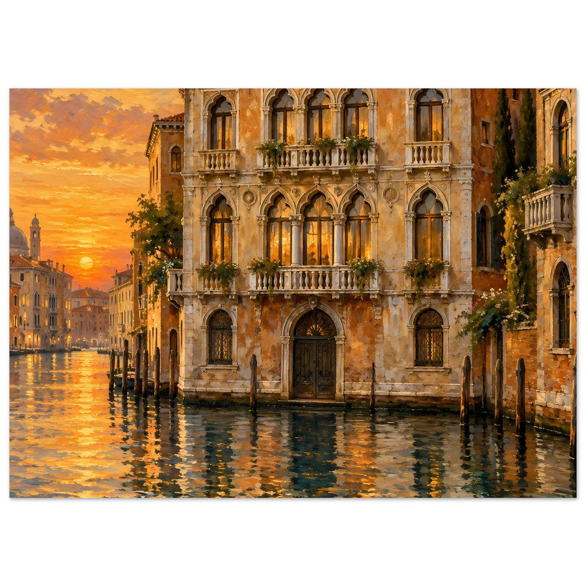 Poster im Querformat mit Palast am Kanal, abendliches Licht und reflektierendes Wasser